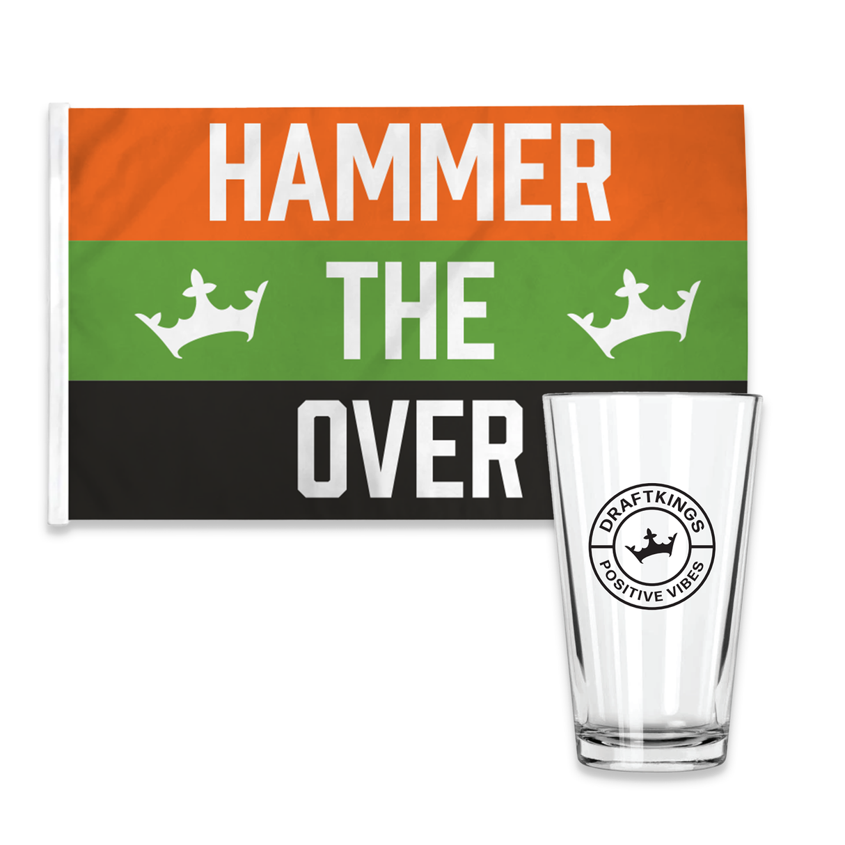 DraftKings “Hammer the Over” Flag & Positive Vibes Pint Glass Set